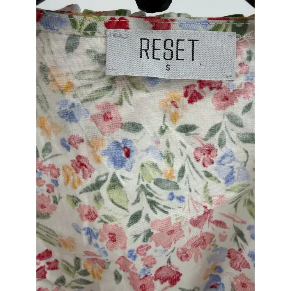 RESET Floral Print Mini Wrap Dress Womens Large White Puff Sleeve Lined - Picture 8 of 13